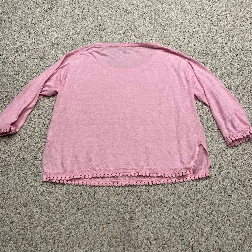 J Crew Linen Sweater Pom Pom Trim Pink L Feminine Lagenlook Coastal Classic